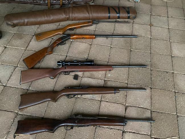 NT Police seized a number of unlicensed weapons, ammunition and drugs during several raids at rural properties as part of a National Gang Disruption Operation. Picture: NT Police