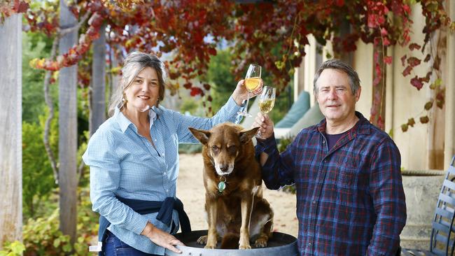 Stefano Lubiana (Steve Lubiana and his wife, Monique) are celebrating 30 years of making wine. They are pictured at their Granton winery / Osteria with dog, Jaffa. Picture: MATT THOMPSON