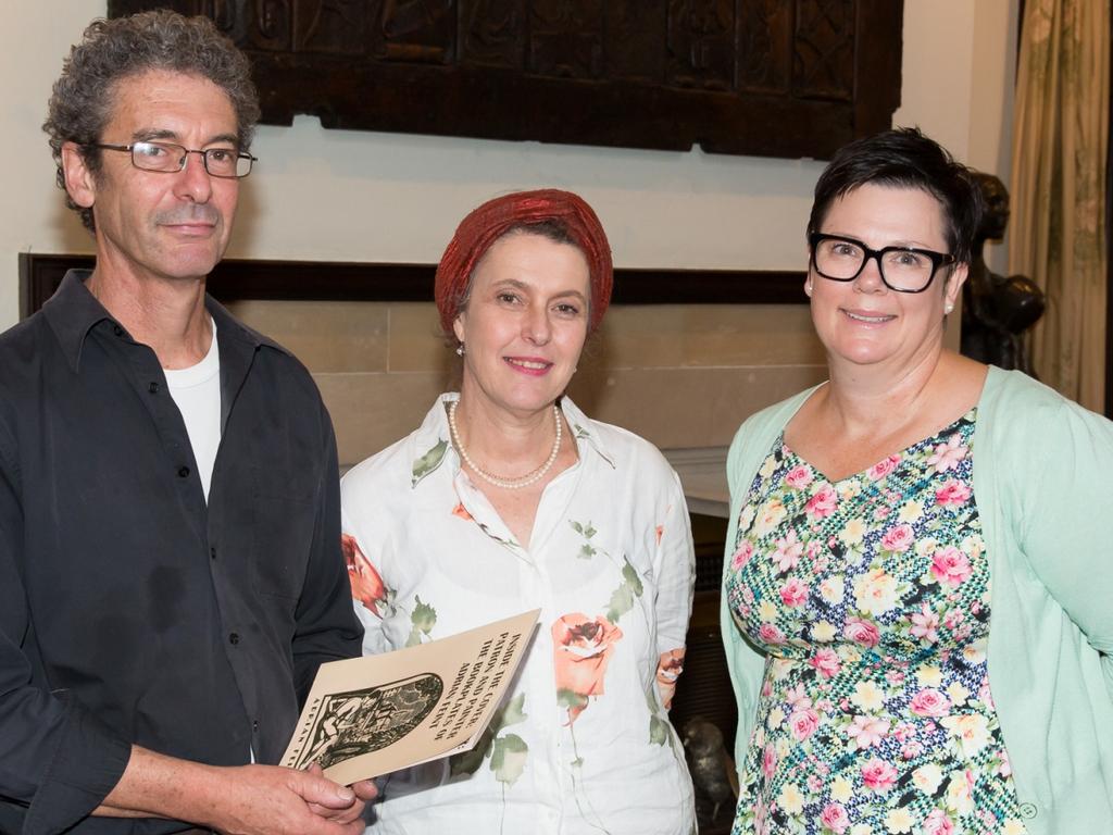 Matthew Bockner, Caroline Berlyn and Christine Schloithe at the the opening of a new exhibition at Carrick Hill entitled Inside the Cover: patron and painter, The Bookplates of Adrian Feint.