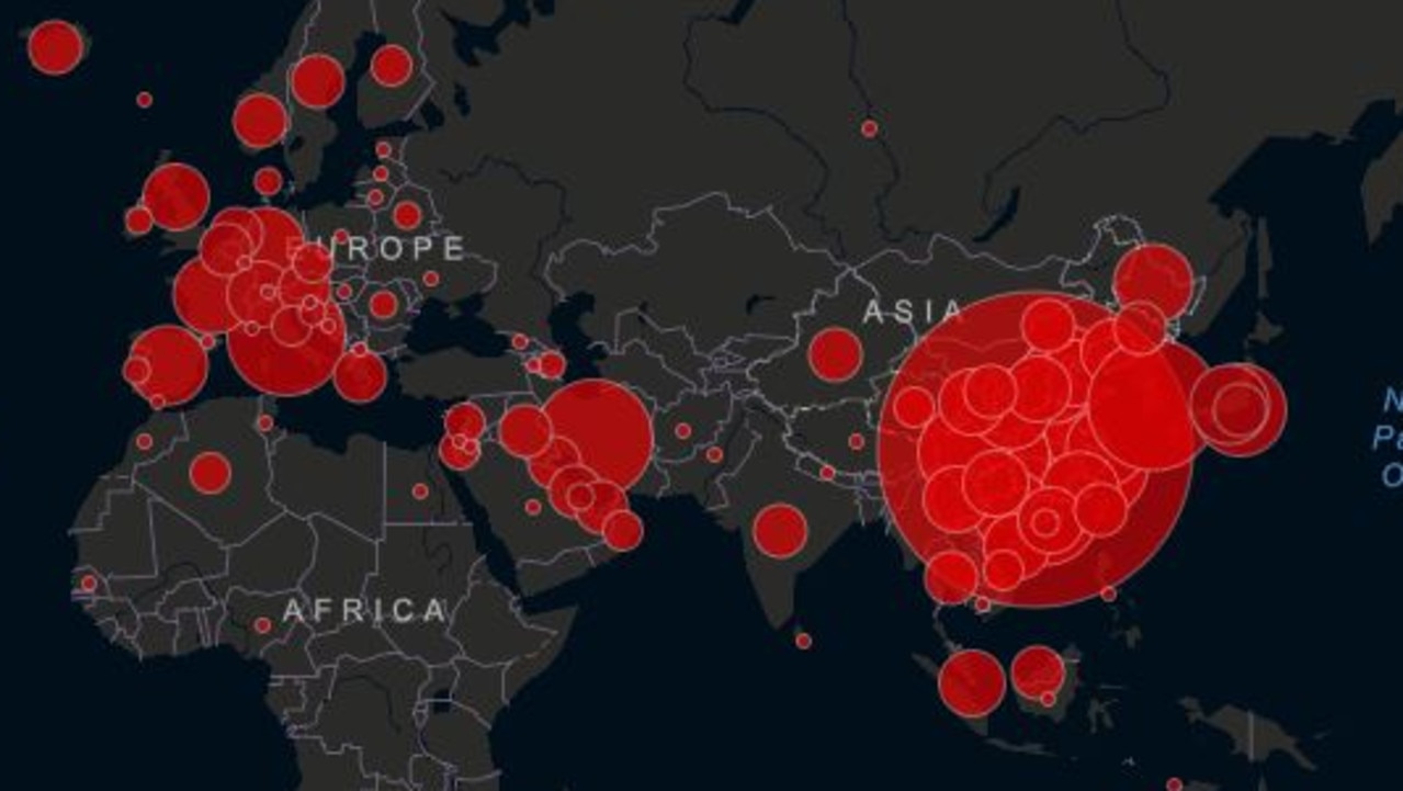 This map shows the coronavirus outbreak is becoming a global problem. There are now 6088 cases in South Korea, 3858 in Italy and 3513 in Iran, a massive rise outside of China. Picture: Supplied