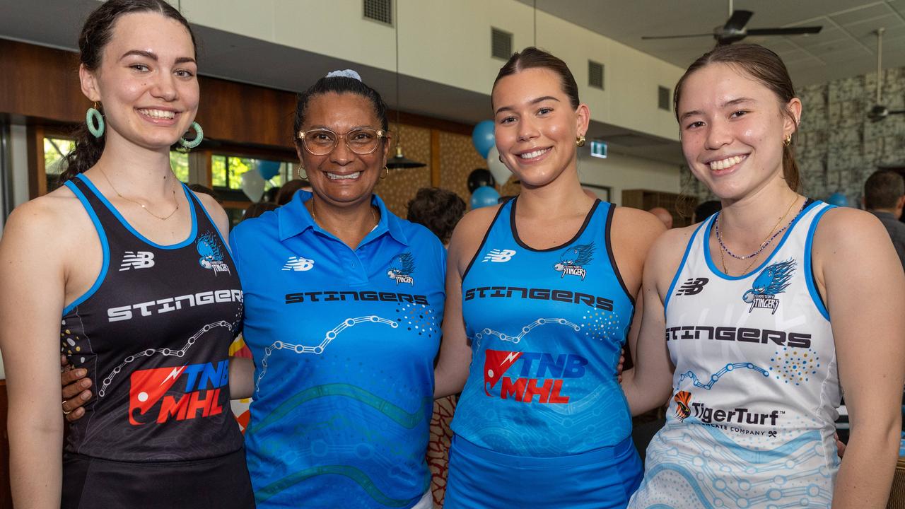 Shaykoda Carne, Nova Peris, Sydney Auld and Tiana Crompton at the Territory Stingers Malaysian Hockey League team launch. Picture: Pema Tamang Pakhrin