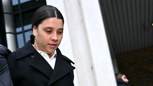 TOPSHOT - Chelsea's Australian striker Sam Kerr leaves Kingston Crown Court in south London on February 11, 2025. Kerr was found not guilty of causing racially aggravated harassment, a court ruled on February 11. (Photo by JUSTIN TALLIS / AFP)