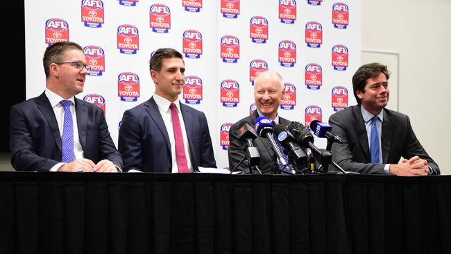 (From left) Paul Marsh (AFLPA CEO), Matthew Pavlich (AFLPA president), Richard Goyder (AFL Commission chairman) and Gillon McLachlan (AFL CEO) address the media. Picture: Bianca De Marchi