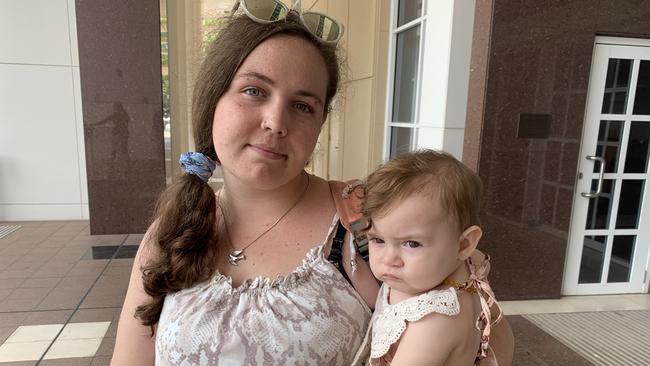 Rachael Sellers with her daughter April outside the Darwin Supreme Court. Picture: Sarah Matthews