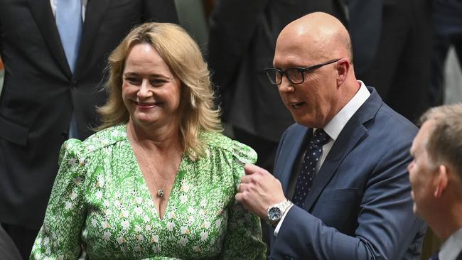 Peter Dutton with wife Kirilly after he delivered his budget reply on Thursday. Picture: NCA NewsWire / Martin Ollman