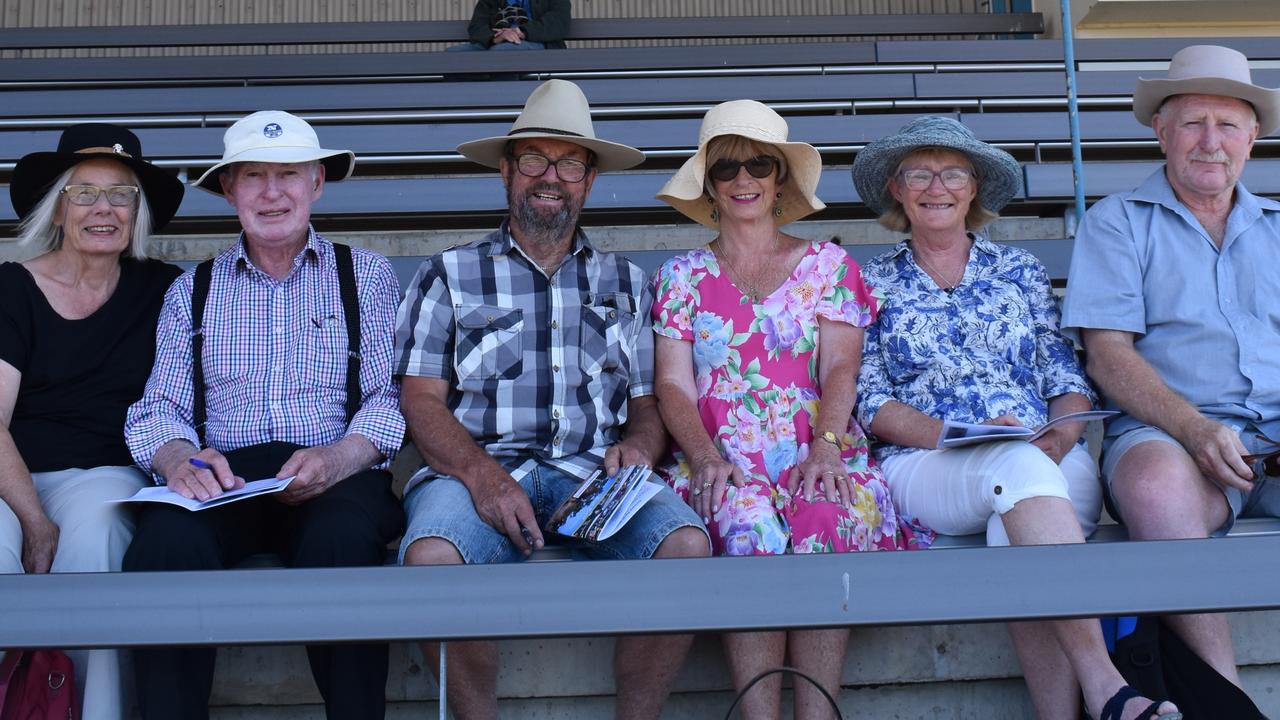 (Left to right) Clairn Webster, James Borrows, Des Robinson, Sandra Robinson, Kathy Till and Clarrie Till at the Gympie Times Ladies Race Day 2021. Photo: Elizabeth Neil