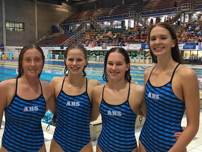 The winning All Hallows medley relay team of Phoebe Fredericks, Elizabeth Dekkers, Piper Brien and Josephine Crimmins.