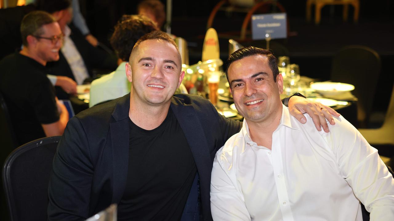 Nick Ensor and Lawrence Grasso at the Ray White Surfers Paradise Business Meets Sport lunch 2024 for Gold Coast at Large. Picture, Portia Large.