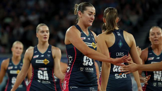 MELBOURNE, AUSTRALIA - MAY 04: Sophie Garbin of the Vixens celebrates with teammates during the round four Super Netball match between Melbourne Mavericks and Melbourne Vixens at John Cain Arena, on May 04, 2025, in Melbourne, Australia. (Photo by Daniel Pockett/Getty Images)