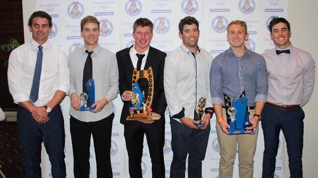 Bronson Block (third from left) with fellow Australian rules football players at a presentation night. Picture: Temora Kangaroos