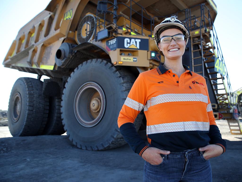 Mining operator Bethany Eedy, 27, drives the Caterpillar 795 dump truck at the Yancoal Mount Thorley Coal Mine. Picture: David Swift