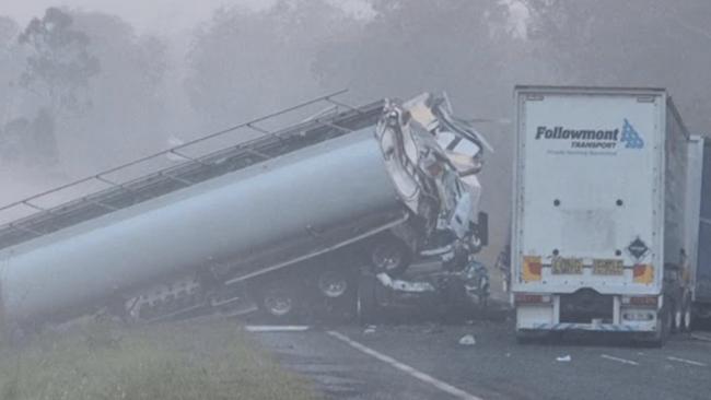 A man is in a critical condition following crashes involving four B double trucks on the Bruce Highway. Picture: Seven News