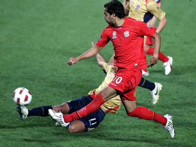 Marcos Flores scoring for Adelaide United against Newcastle Jets in 2010.