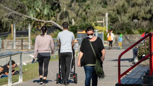 People wearing masks at Mooloolaba beach. Picture: Brad Fleet