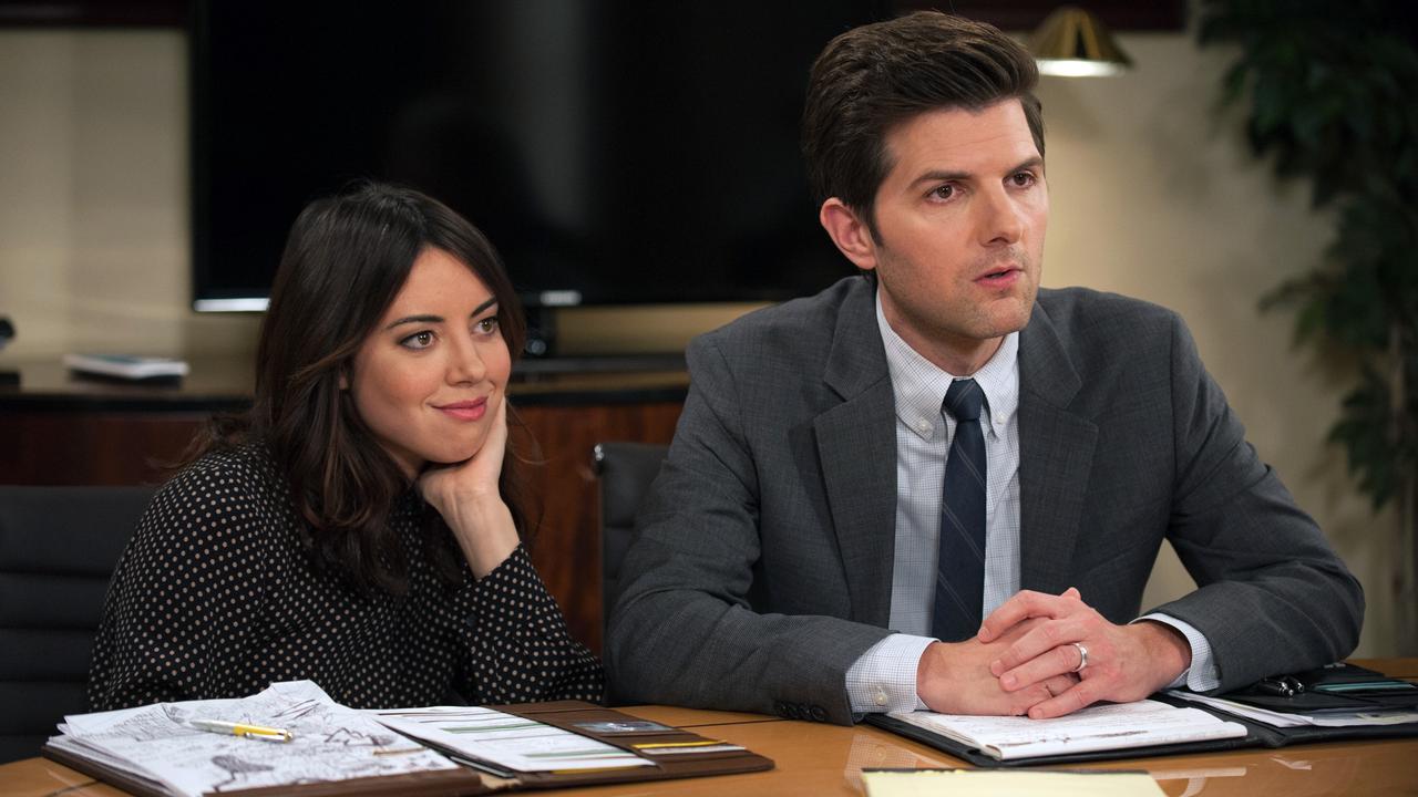 Aubrey Plaza shot to fame as April Ludgate, pictured alongside Adam Scott as Ben Wyatt in an episode of Parks and Recreation. Picture: Colleen Hayes/NBC