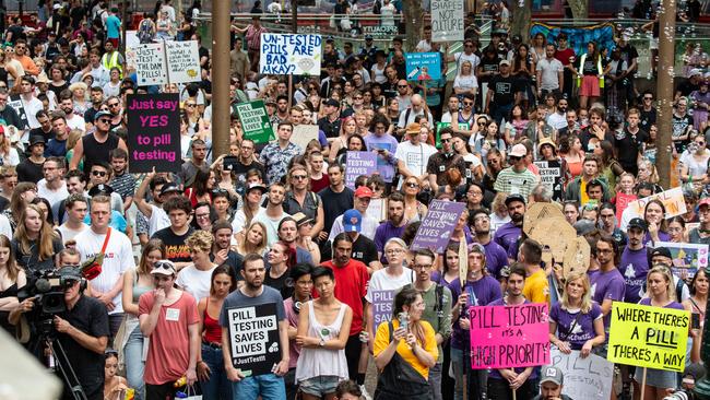 The March for Pill Testing held outside Sydney Town Hall last week. Picture: Monique Harmer