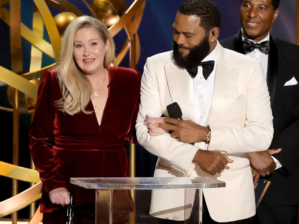 Applegate is assisted onstage by host Anthony Anderson at the 75th Primetime Emmy Awards in January. Picture: Kevin Winter/Getty Images/AFP