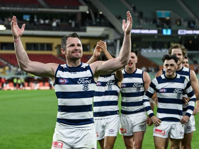 ADELAIDE, AUSTRALIA - SEPTEMBER 05:  Patrick Dangerfield of the Cats  leads his team off  after winning  the AFL Second Qualifying Final match between Port Adelaide Power and Geelong Cats at Adelaide Oval, on September 05, 2024, in Adelaide, Australia. (Photo by Mark Brake/Getty Images)