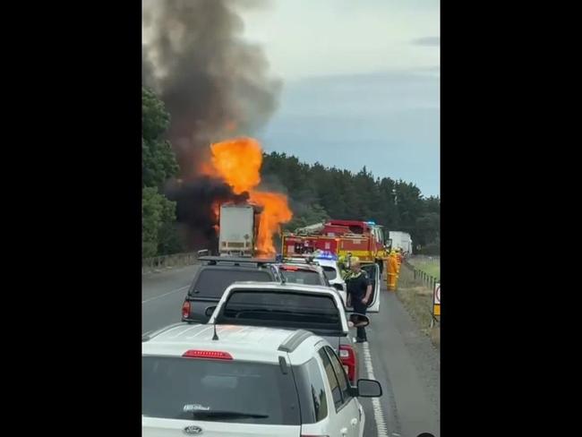 A truck fire erupted on the southbound Hume Freeway near Kalkallo