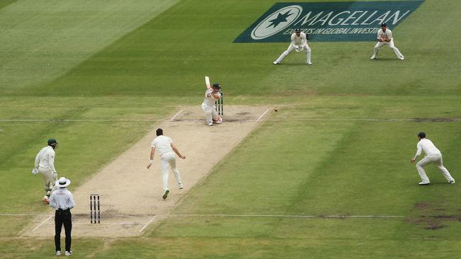 David Warner bats against Jimmy Anderson. Picture: Getty Images.