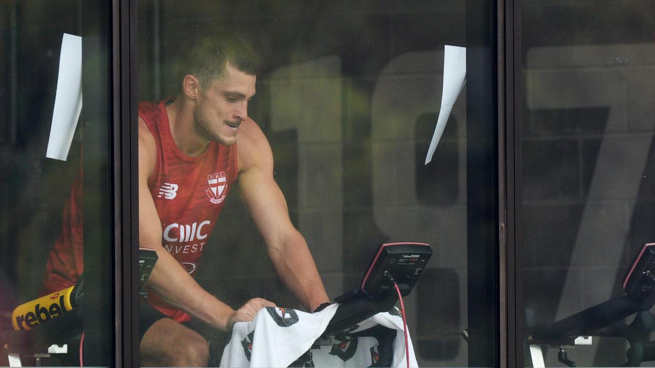 Jack Steele didn’t take part with the main group at St Kilda’s training session on Wednesday. Picture: Andrew Henshaw