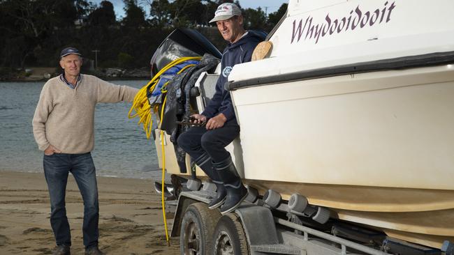 Abalone fisherman Mal Steane, 59, left, and deckhand Wayne Blacklow, 62, at Cremorne boat ramp in Tasmania.