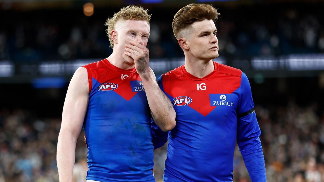 Oliver with teammate Bayley Fritsch after the qualifying final loss. Picture: Michael Willson/AFL Photos