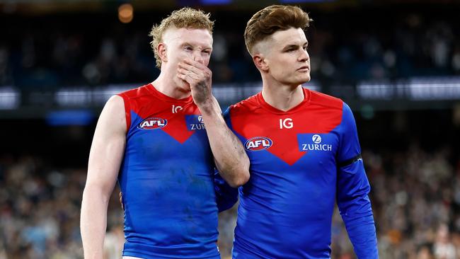 Oliver with teammate Bayley Fritsch after the qualifying final loss. Picture: Michael Willson/AFL Photos