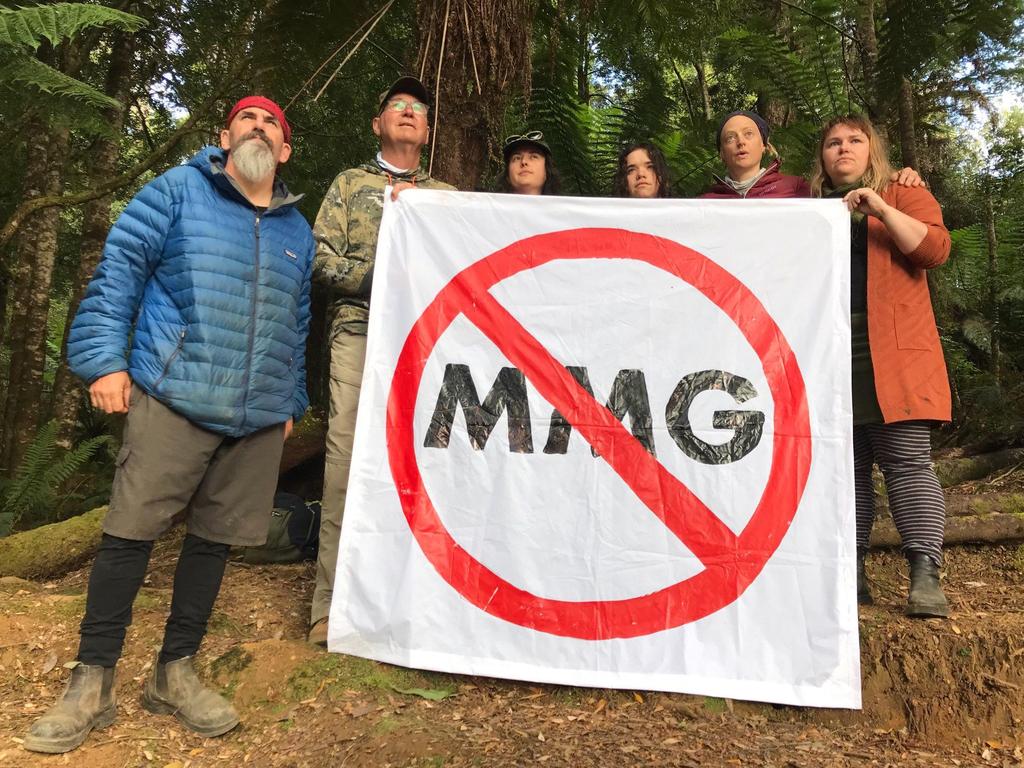 Bob Brown Foundation campaigners at the site of MMG's proposed tailings dam near Rosebery. Picture: Supplied