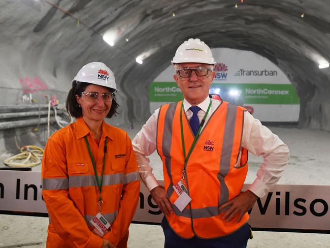 PM Malcolm Turnbull and Premier Gladys Berejiklian watch the first tunnel breakthrough of the NorthConnex project in West Pennant Hills. Picture: AAP