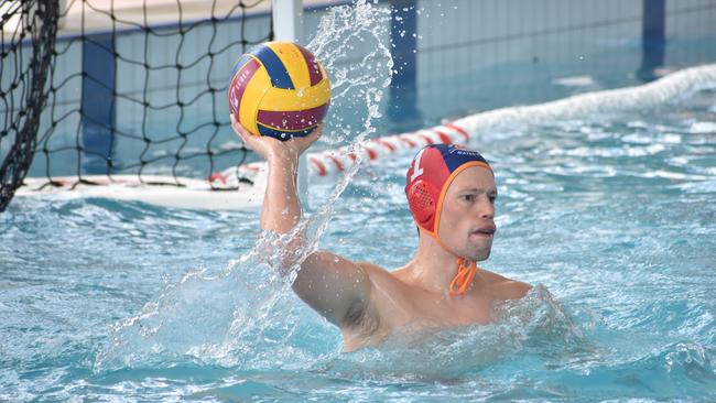 Water Polo Queensland Country Championships, 2nd World War Memorial Aquatic Centre, Rockhampton, February 18, 2023. Men, Cairns versus Gold Coast. Gold Coast goalkeeper Thomas Romeijn.