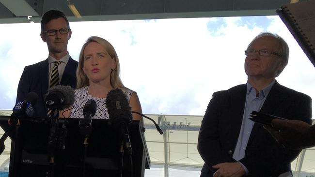 Kate Jones speaking this morning as the Commonwealth Games transport plan was released. Picture: Andrew Potts.