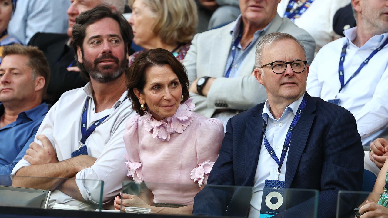 Gillon McLachlan and Anthony Albanese at the Australian Open. Picture: Michael Klein