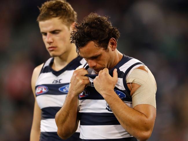 MELBOURNE, AUSTRALIA - SEPTEMBER 23: Steven Motlop of the Cats looks dejected after a loss during the 2016 AFL Second Preliminary Final match between the Geelong Cats and the Sydney Swans at the Melbourne Cricket Ground on September 23, 2016 in Melbourne, Australia. (Photo by Adam Trafford/AFL Media/Getty Images)