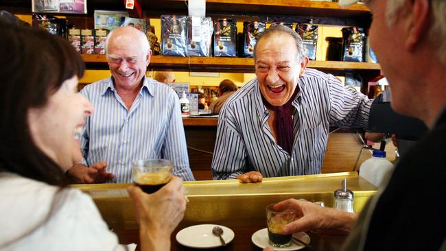 Sisto Malaspina (right) and his business partner Nino Pangrazio at their cafe Pellegrini's on Bourke St.