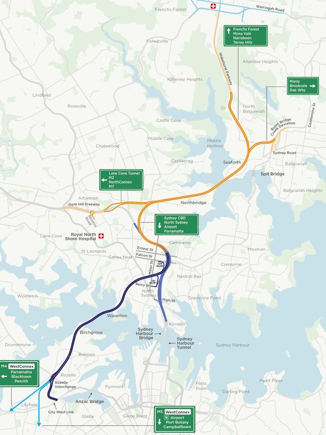 Map of the proposed routes of the Beaches Link tunnel and Western Harbour Tunnel. Source: RMS