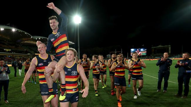 Bryce Gibbs of the Crows celebrates his 250th game with a win. Picture: James Elsby/AFL Media/Getty Images