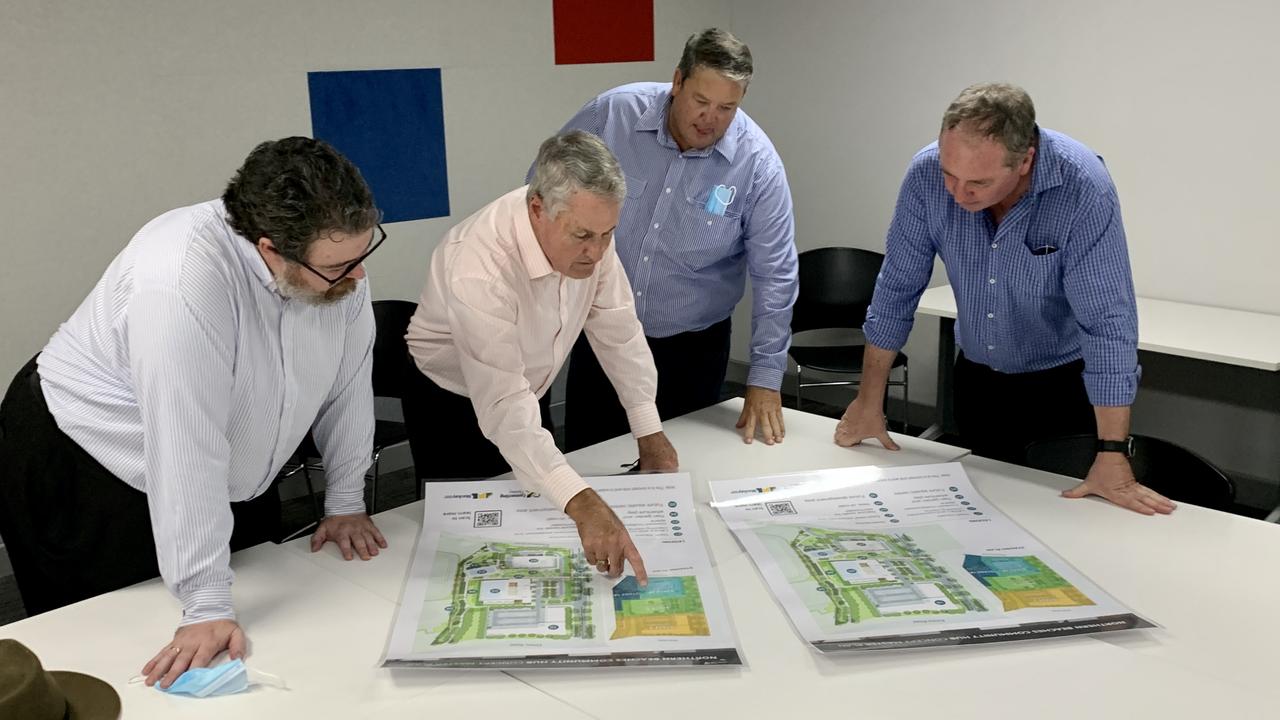 Dawson MP George Christensen, Mackay Mayor Greg Williamson, Dawson Nationals candidate Andrew Willcox and Deputy Prime Minister Barnaby Joyce celebrating plans for the Northern Beaches and the Mackay waterfront. Picture: Rae Wilson