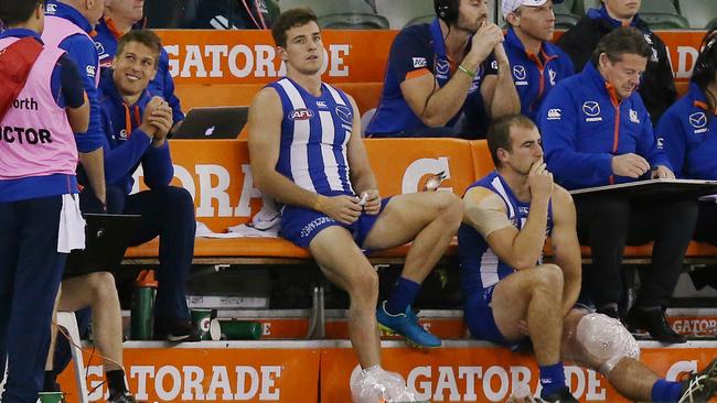 Andrew Swallow, Shaun Atley and Ben Cunnington finished Saturday night’s clash on the bench. Picture: Michael Klein