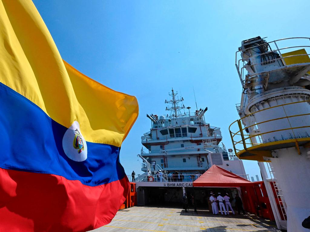 The Colombian navy ship ARC Caribe docked in the port of Cartagena on February 23 this year. The Colombian government announced the beginning of extraction using a robot of ceramics, pieces of wood, and shells of "incalculable value" that are part of the treasure. Picture: Luis Acosta/AFP