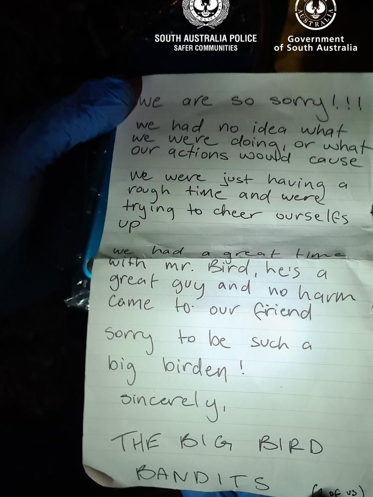Apology letter from "The Big Bird Bandits" was left in his beak. Picture: SA Police