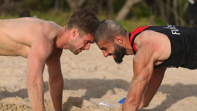 Adam Saad with Will Snelling during Essendon’s pre-season training camp at Coffs Harbour. Picture: Getty Images