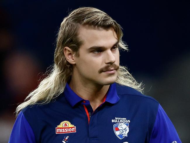 MELBOURNE, AUSTRALIA - APRIL 12: Bailey Smith of the Bulldogs gicves the thumbs up during the 2024 AFL Round 05 match between the Western Bulldogs and the Essendon Bombers at Marvel Stadium on April 12, 2024 in Melbourne, Australia. (Photo by Michael Willson/AFL Photos via Getty Images)