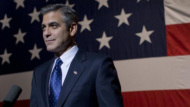 Governor Morris (George Clooney) delivers a major speech at Kent State University in a scene from the film The Ides Of March.