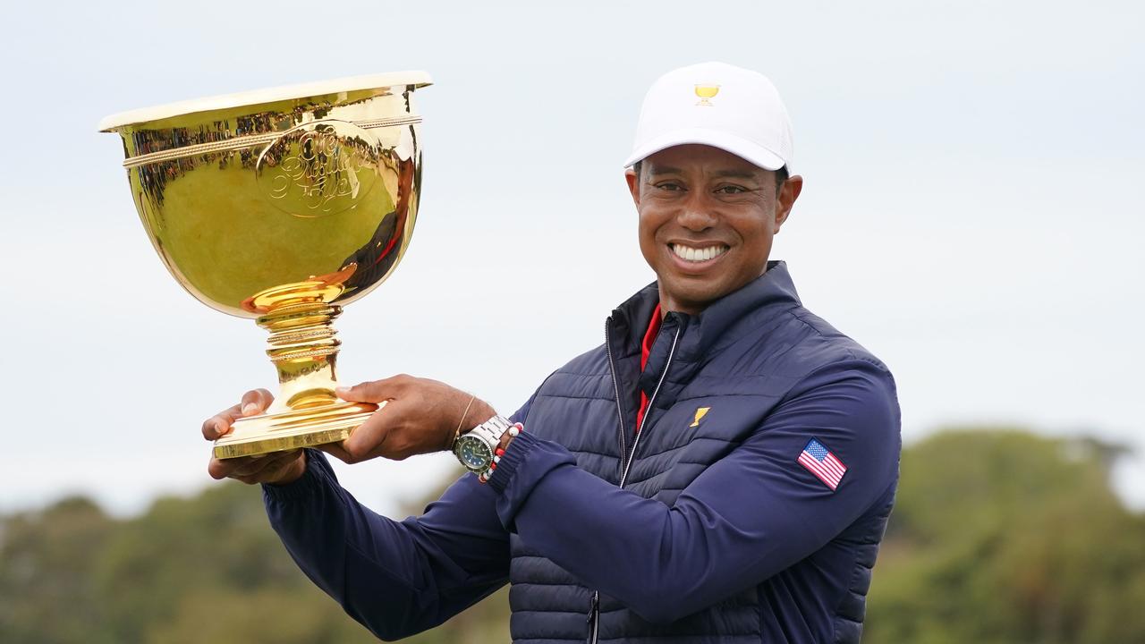 USA playing captain Tiger Woods celebrates his team’s 2019 Presidents Cup win at Royal Melbourne. Picture: AAP Image/Scott Barbour