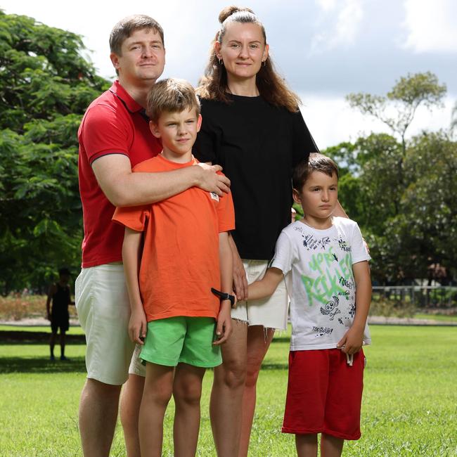 Michael and Kristina Trushin from Hendra with their sons Daniel 9, and Konstantin 6. Picture: Lachie Millard