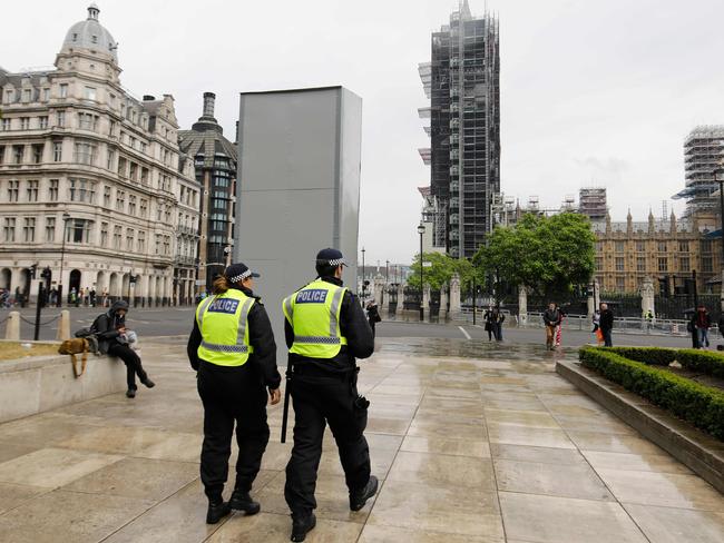 The statue of Britain’s famed wartime prime minister has now been boarded up. Picture: AFP