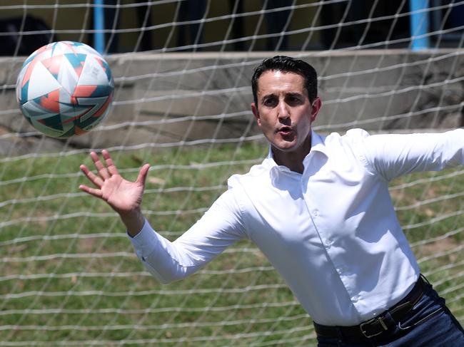 Leader of the Opposition David Crisafulli visits the Pine Rivers Football Club. Picture: Liam Kidston.