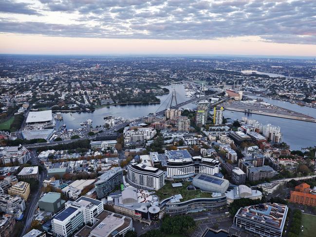 DAILY TELEGRAPH -  7.5.25Sydney at sunrise pictured from a helicopter.  Looking over Pyrmont bridge towards the west.  Picture: Sam Ruttyn