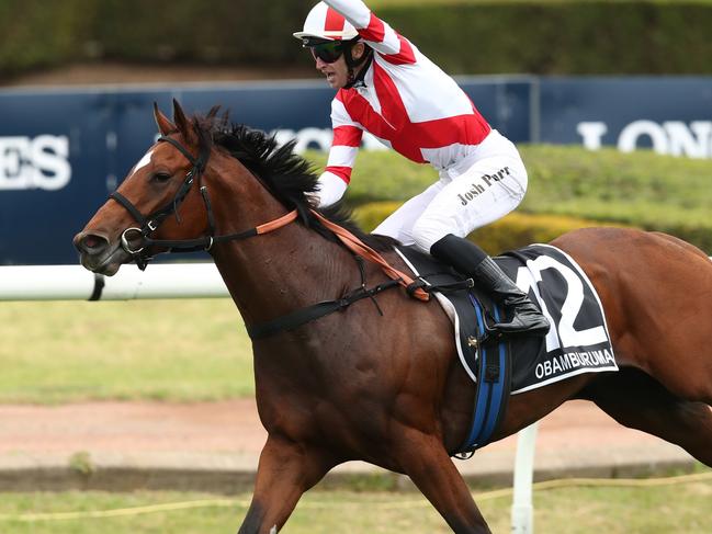 SYDNEY, AUSTRALIA - NOVEMBER 04: Joshua Parr riding Obamburumai wins Race 8 James Squire Golden Eagle during Sydney Racing at Rosehill Gardens on November 04, 2023 in Sydney, Australia. (Photo by Jason McCawley/Getty Images)